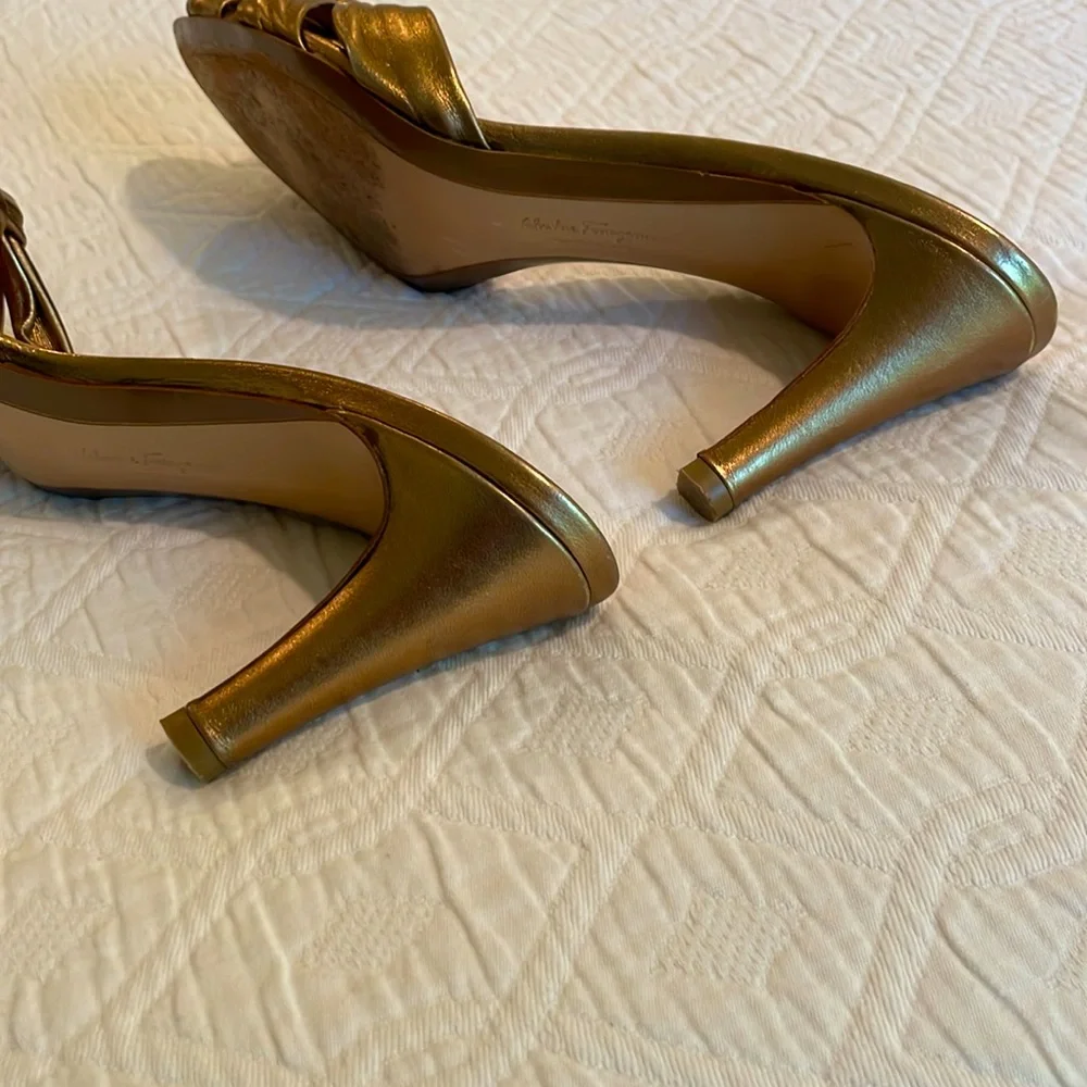 Salvatore Ferragamo Metallic Gold Knot Mule Heels